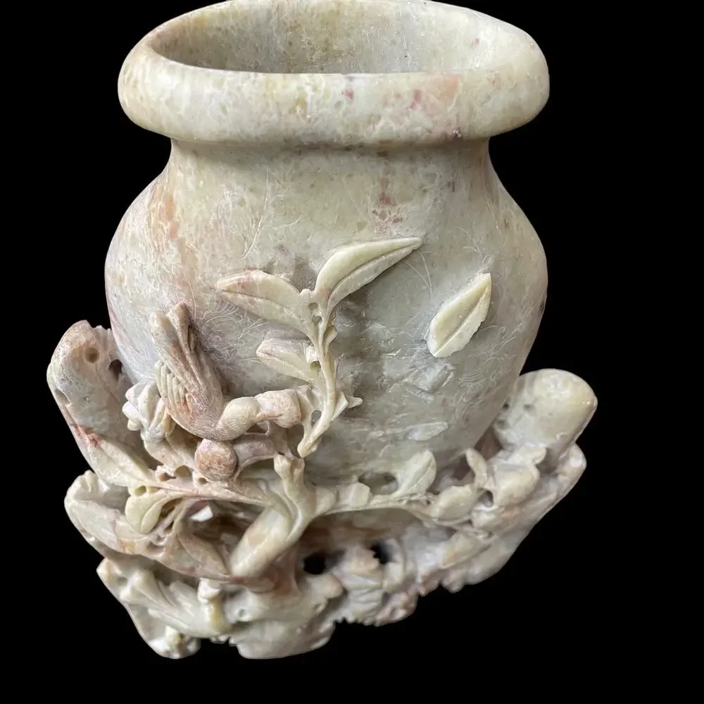 Chinese Carved Soapstone Vase Relief Antique Sculpture Vintage Oriental 9